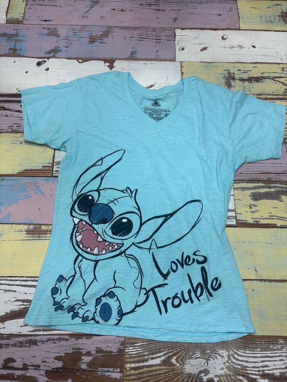 Disney Store Shirt Women Large Aqua Stitch Aqua Loves Trouble